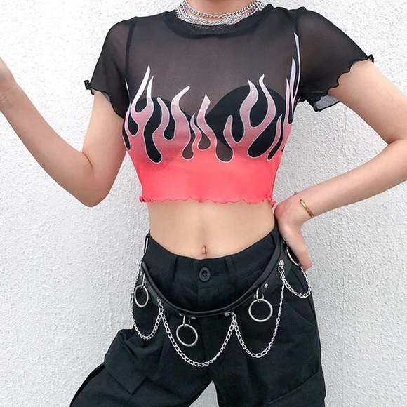 Sheer mesh flame fire black crop top - Picture 2 of 5